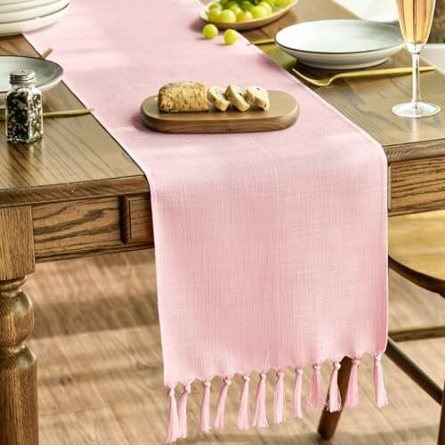 Tassel Table Runner, Linen Blend Rustic 13" x 48", Table Runner Blush Pink