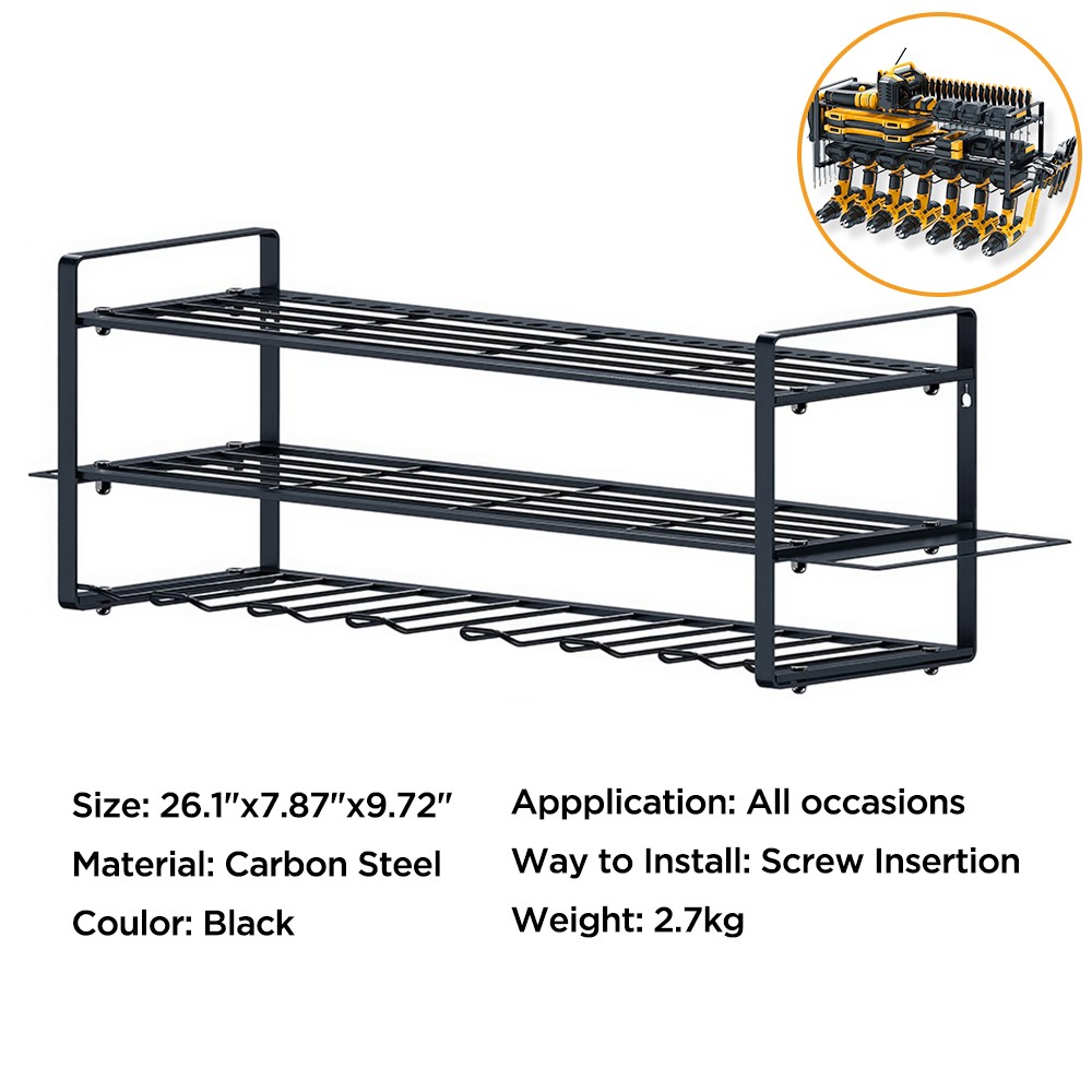 Power Tool Organizer Wall Mount Extended Large Heavy Duty 7 Drill Holder 3 Layer