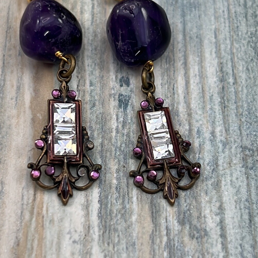 Adorned Crown Artisan Assemblage amethyst rhinestone gold cube earrings