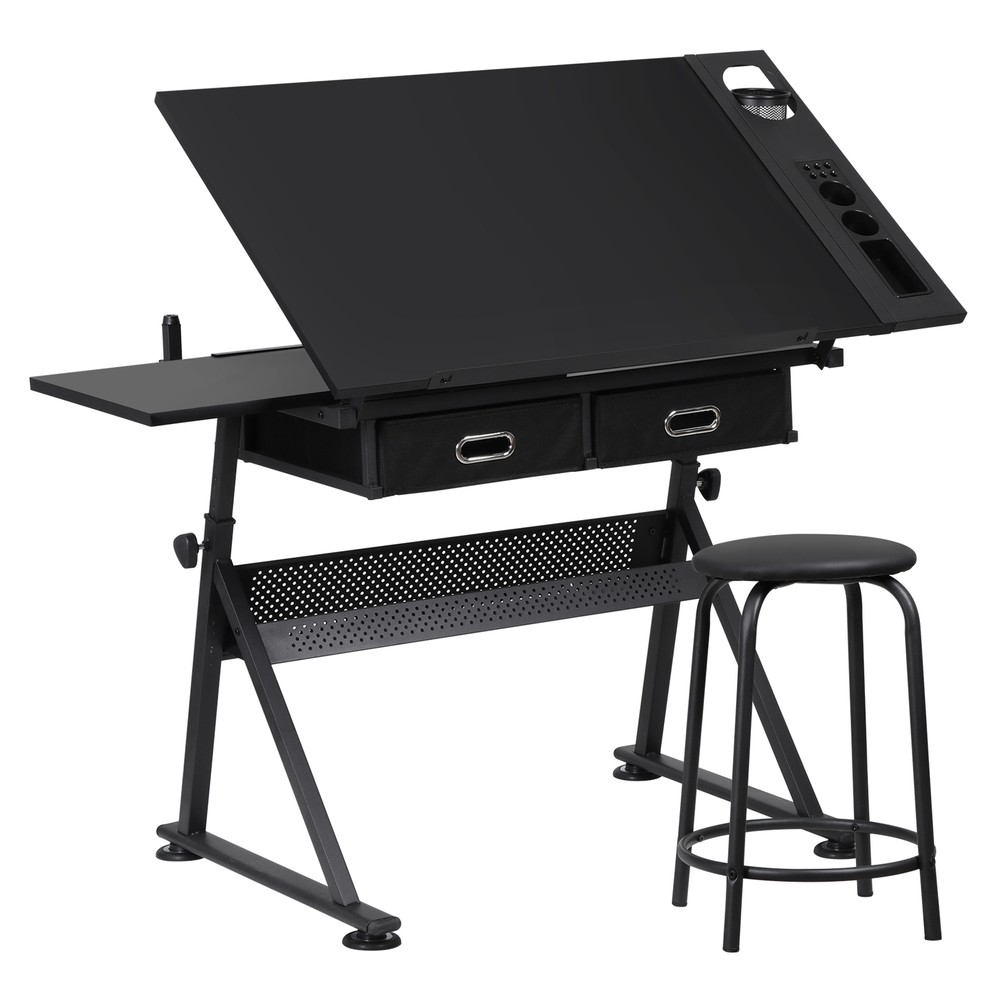 Drafting Drawing Table Adjustable Art Craft Desk w/Drawer & Stool for Home Black