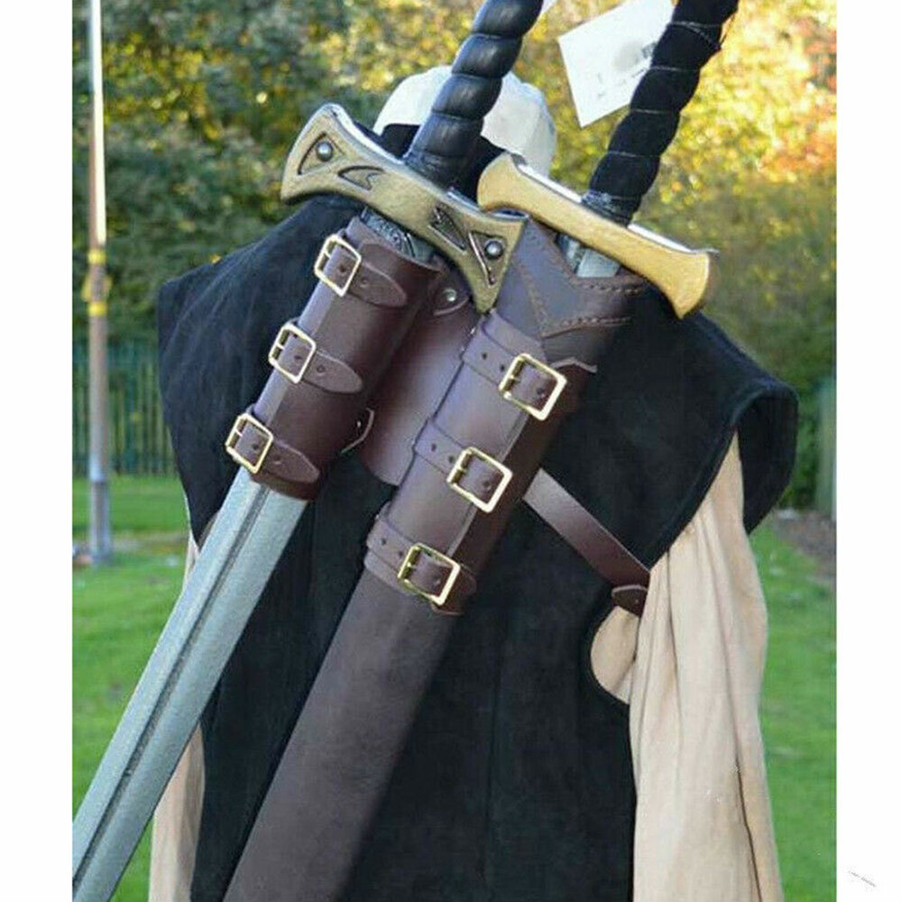 Retro Cosplay Medieval Leather Warrior Back Scabbard For Double Sword Holder