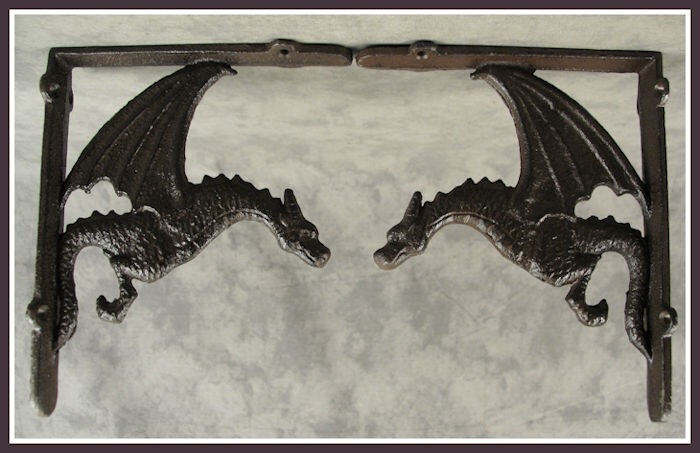 2 GOTHIC DRAGON Cast Iron Shelf BRACKETS Architectural WALL CORNER BRACKETS