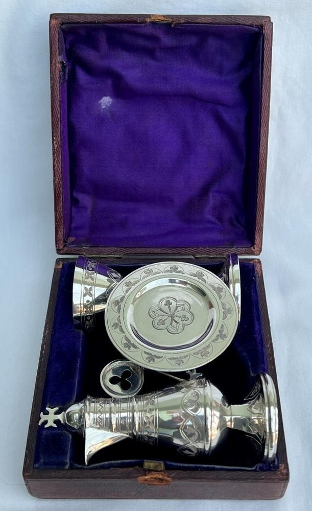 Fine Victorian Solid Sterling Silver Travelling 3 Piece Holy Communion Set
