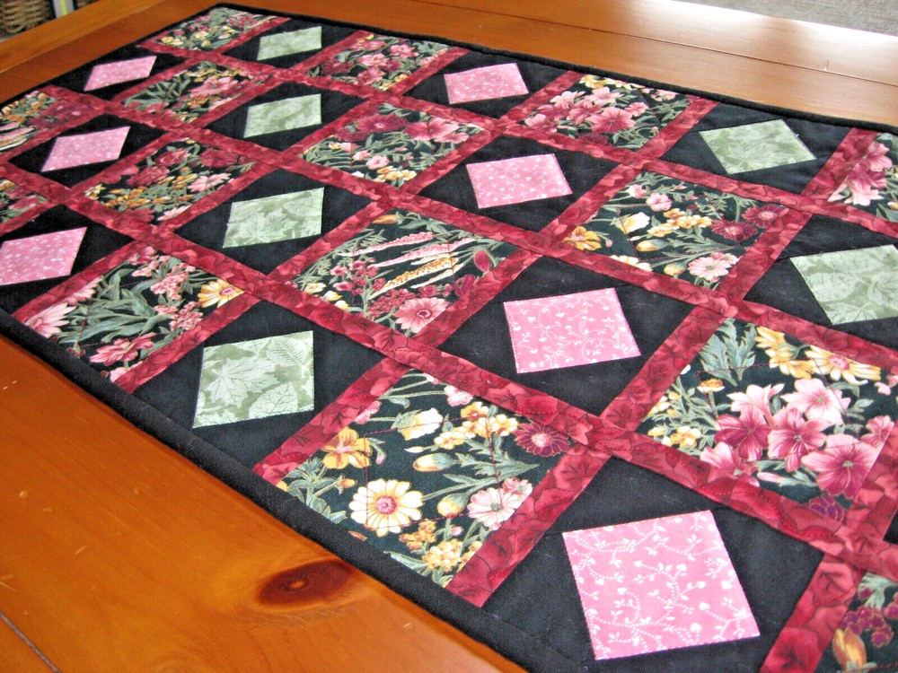 Quilted Table Runner, Handmade, Floral on Black with Square-in-Square alt Block