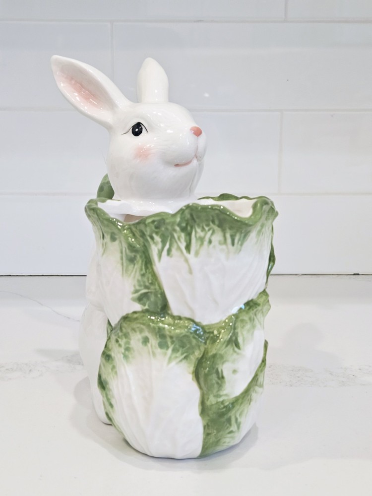 Hopper's Lane Easter Bunny Pitcher Cabbage Leaf Ceramic 9.5in