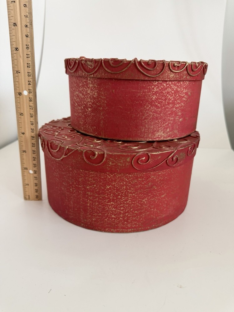 Red Decorative Round Storage Boxes Set 2 Embossed Floral Lid