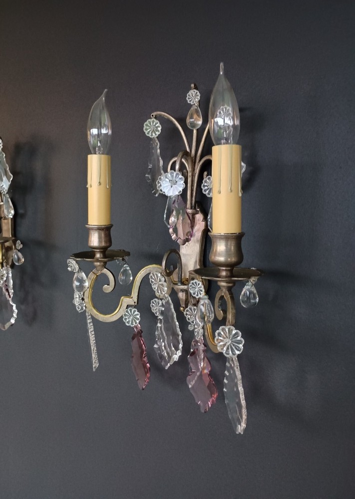 Antique Pair French Bronze Crystal Sconces