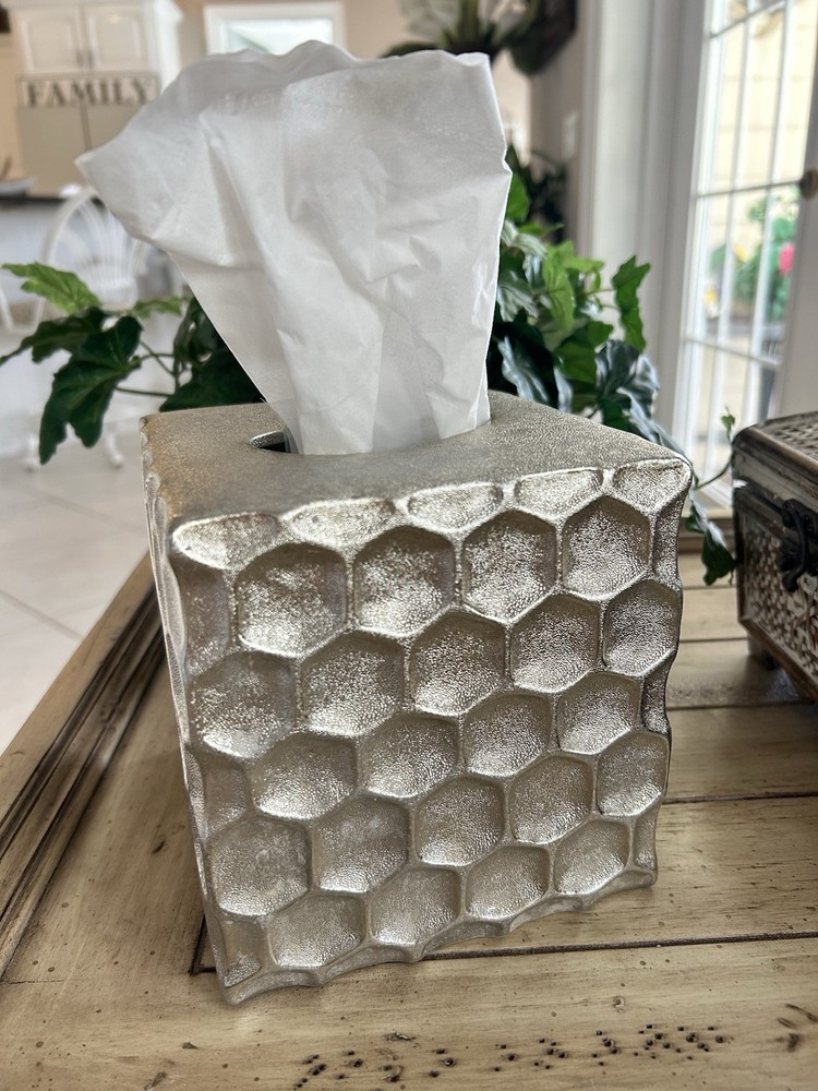 Honeycomb Tissue Box Cover Heavy Ceramic Metallic Silver Hammered Square