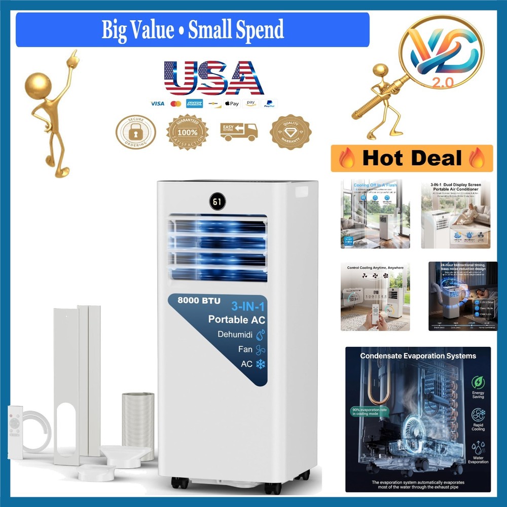 8000 BTU Portable Air Conditioner with Remote 350 Sq.Ft Cooling Sleep Mode