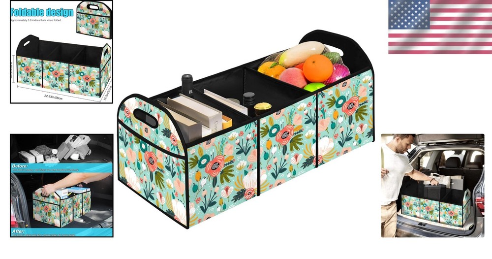 50L Adjustable Flower Trunk Organizer with Multi-Functional Pockets for Vehicles