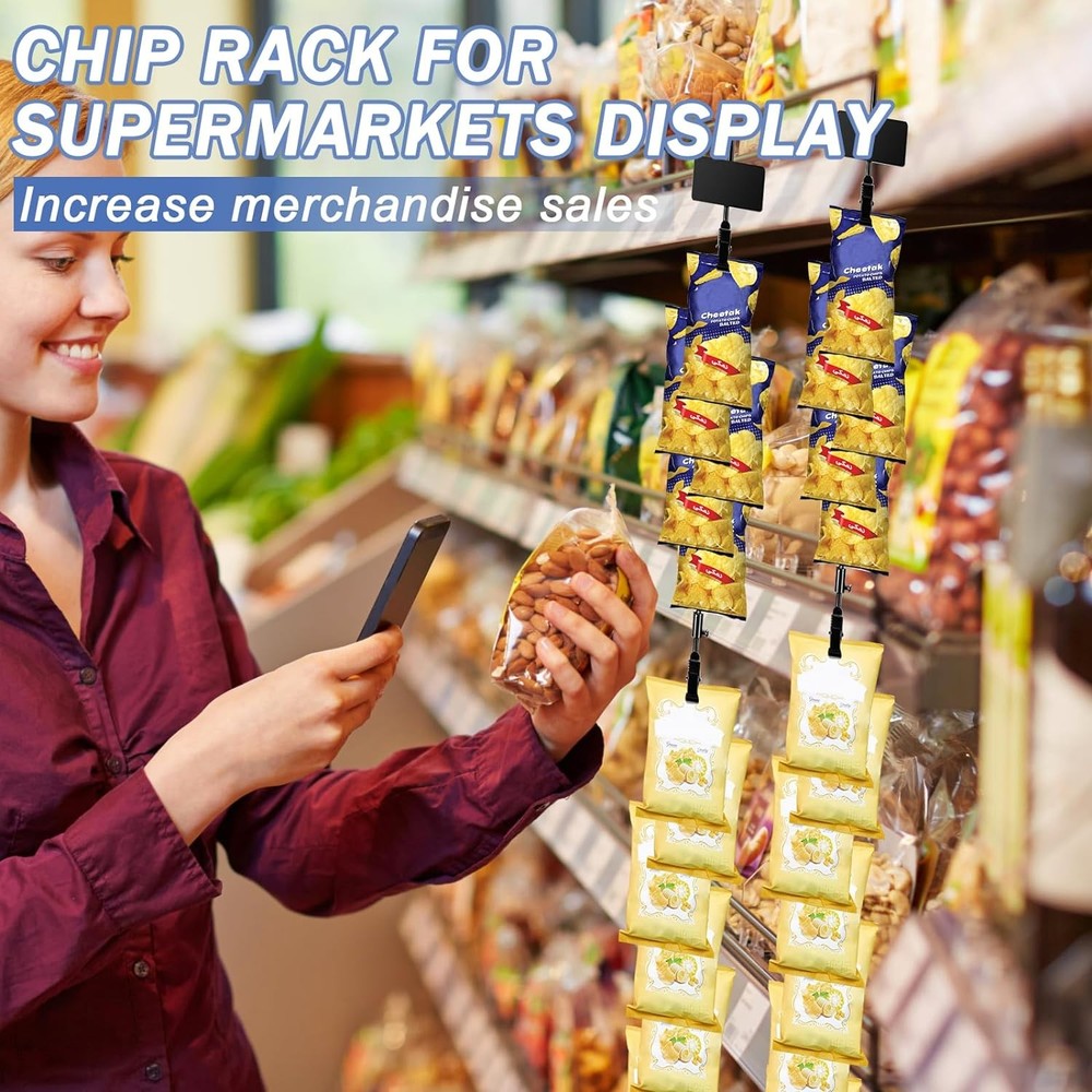 Hanging Merchadise Strips with Hooks,32 inches Chip Display Rack Stand Black