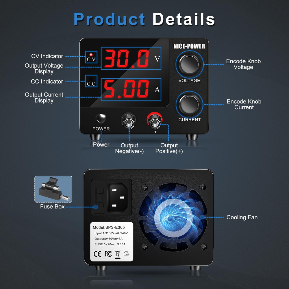 DC Power Supply Variable, 30V 5A Adjustable Switching Regulated Power Supply wit