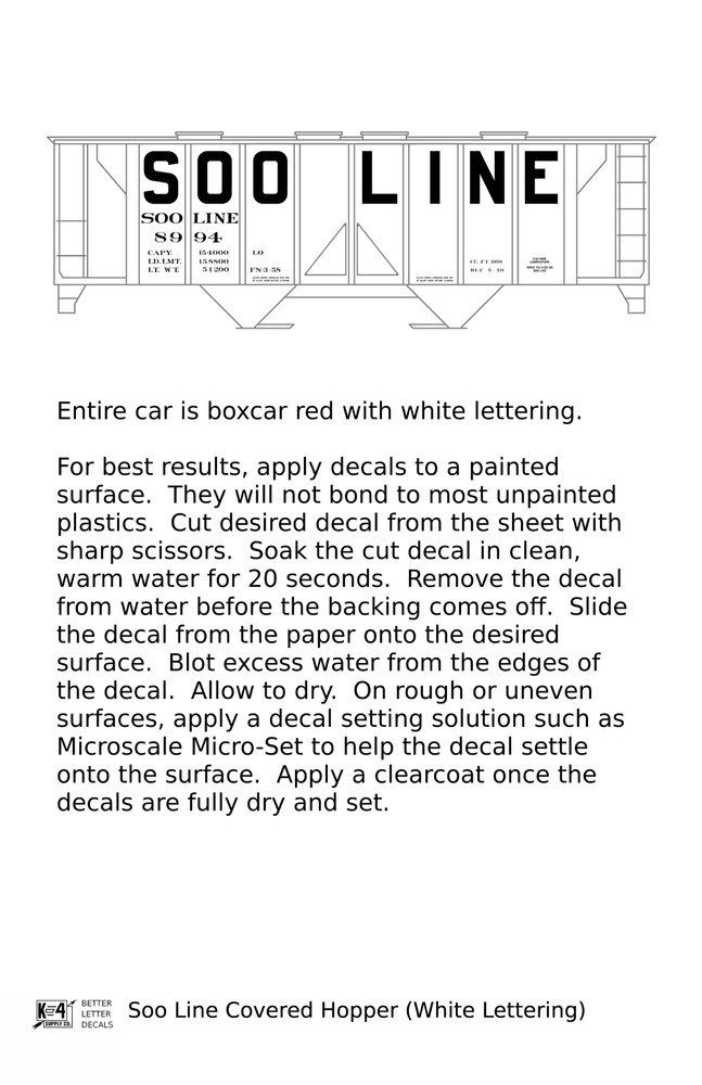 K4 O Scale Decals Soo Line Covered Hopper White