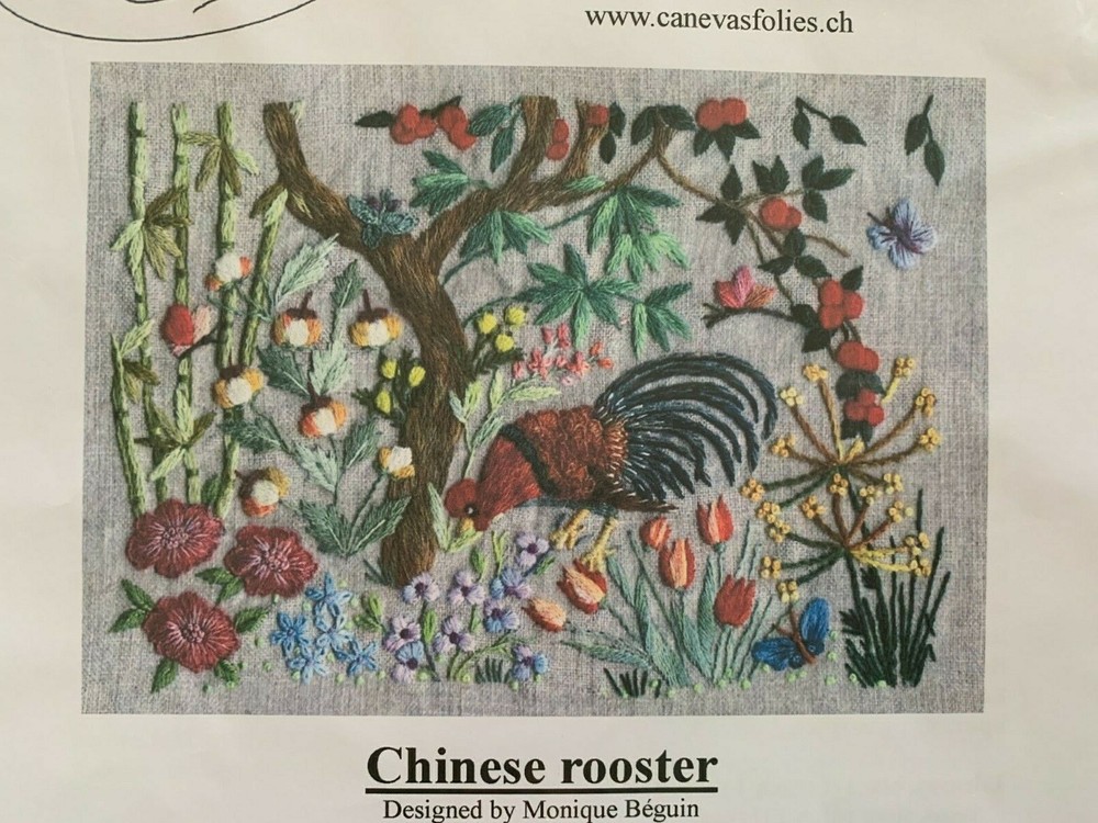 Canevas Folies Chinese Rooster Embroidery Pattern Printed on Sand Colored Linen