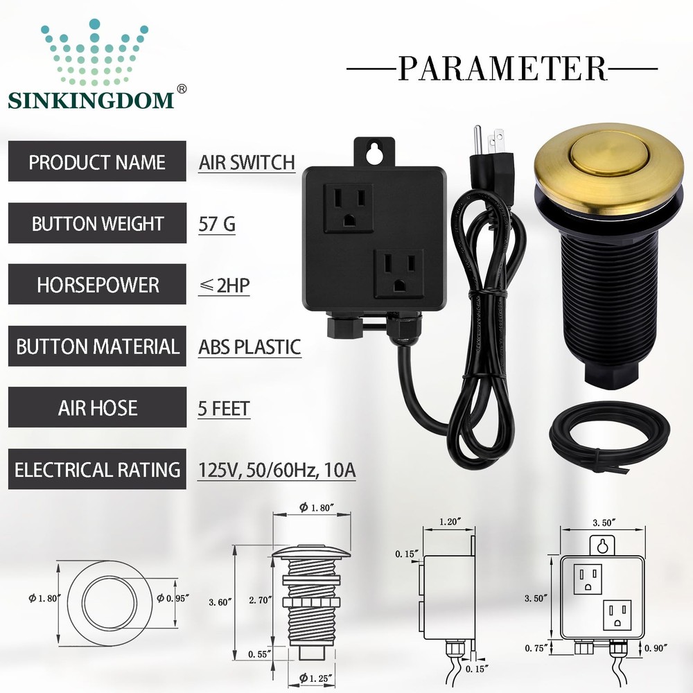 SINKINGDOM SinkTop Garbage Disposal Air Switch Kit with Long Button, Champagn...