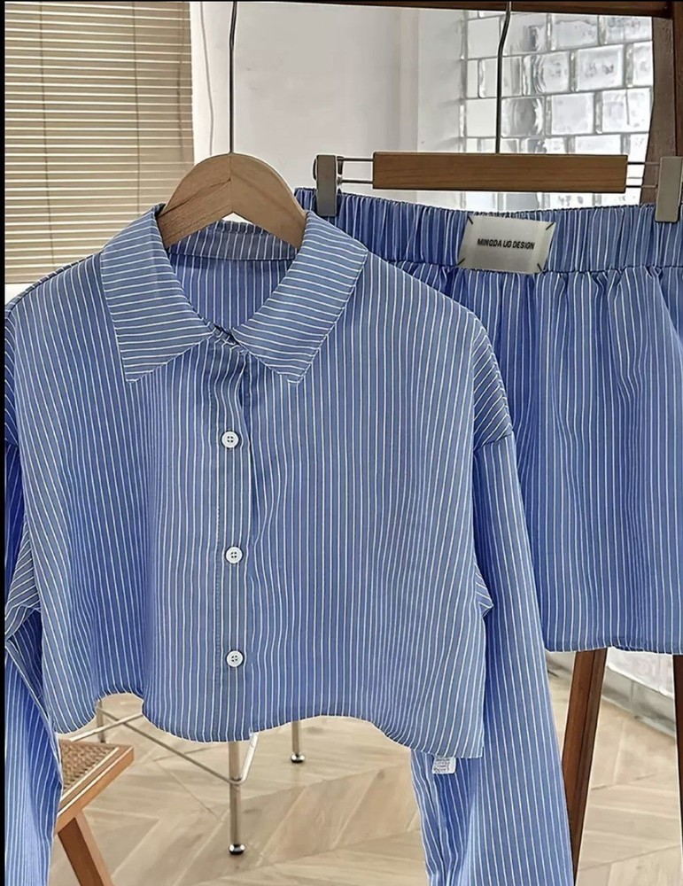Two-Piece Pinstripe Lounge Set - Blue & White