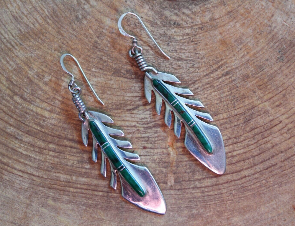 Malachite & Sterling Silver FEATHER Dangle Earrings Navajo