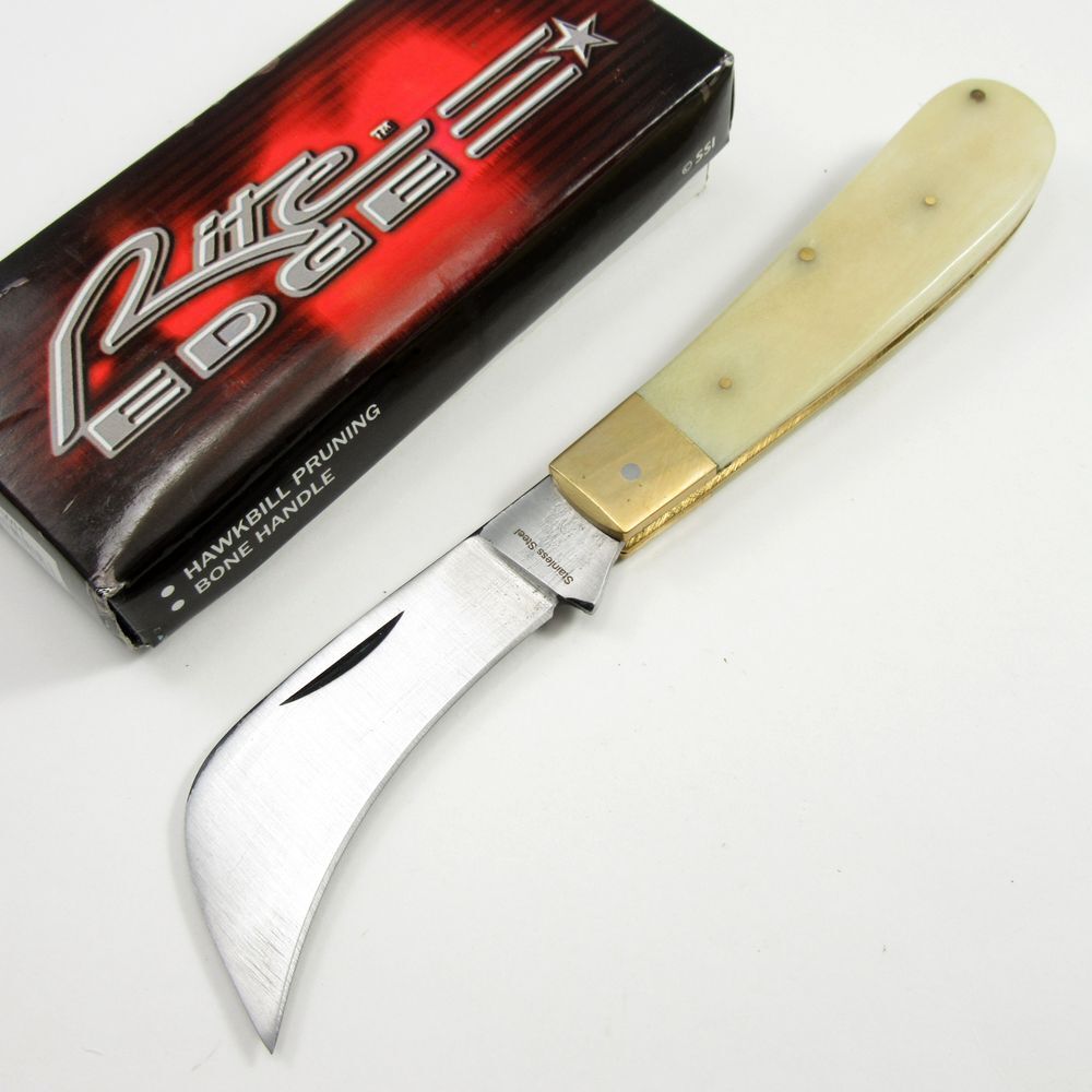 FOLDING POCKET KNIFE | 4" Rite Edge Hawkbill Blade White Bone + Brass Handle