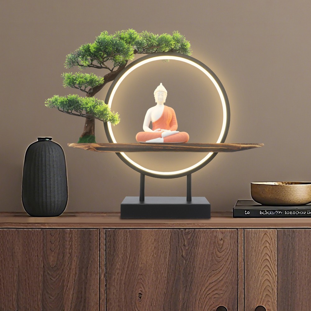 Buddha Statue Circle Lamp Tabletop LED Lighting Light with Green Artificial Tree
