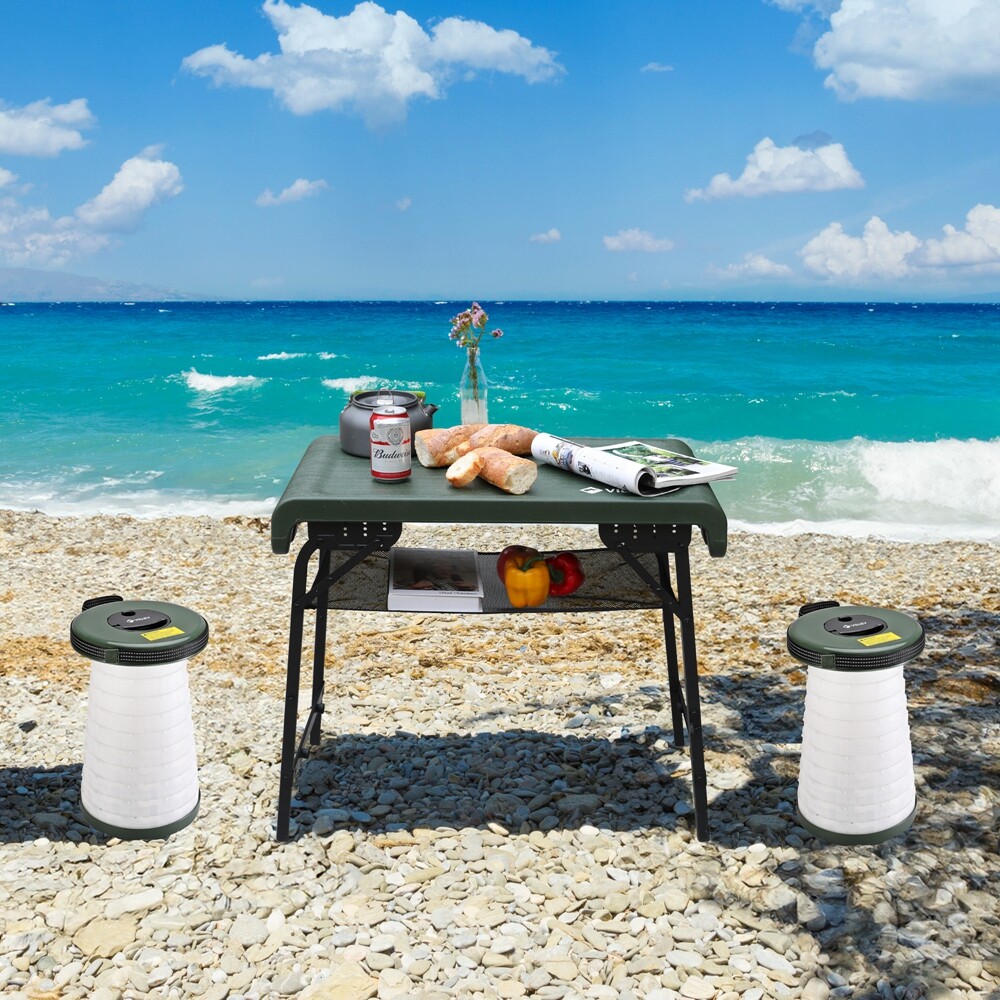 VILLEY Camping Table & Collapsible Stools Set w/2 Portable Stools and Mesh Layer