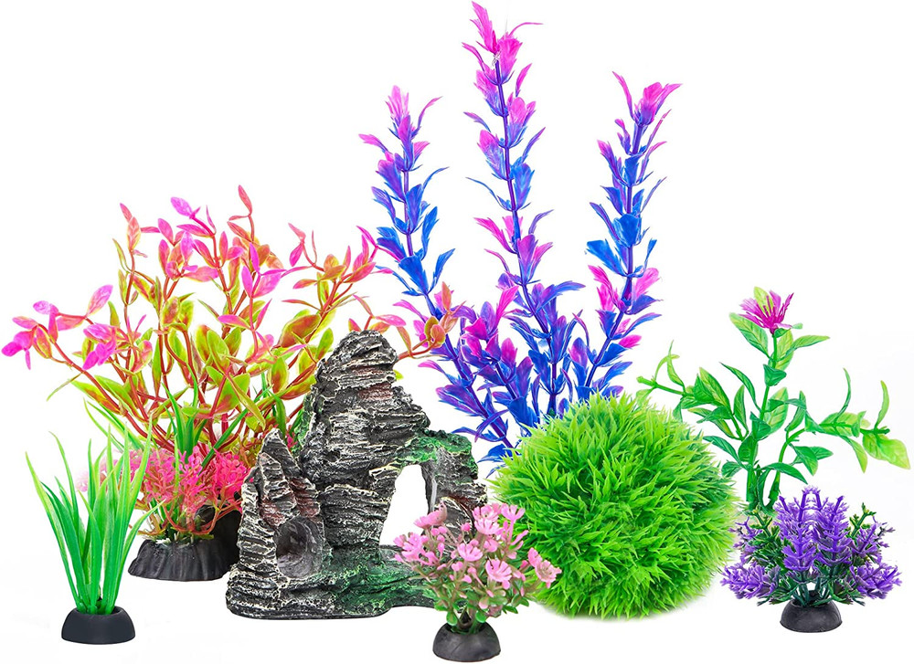 Aquarium Decorations Fish Tank Artificial Plastic Plants & Cave Rock Decor Set,