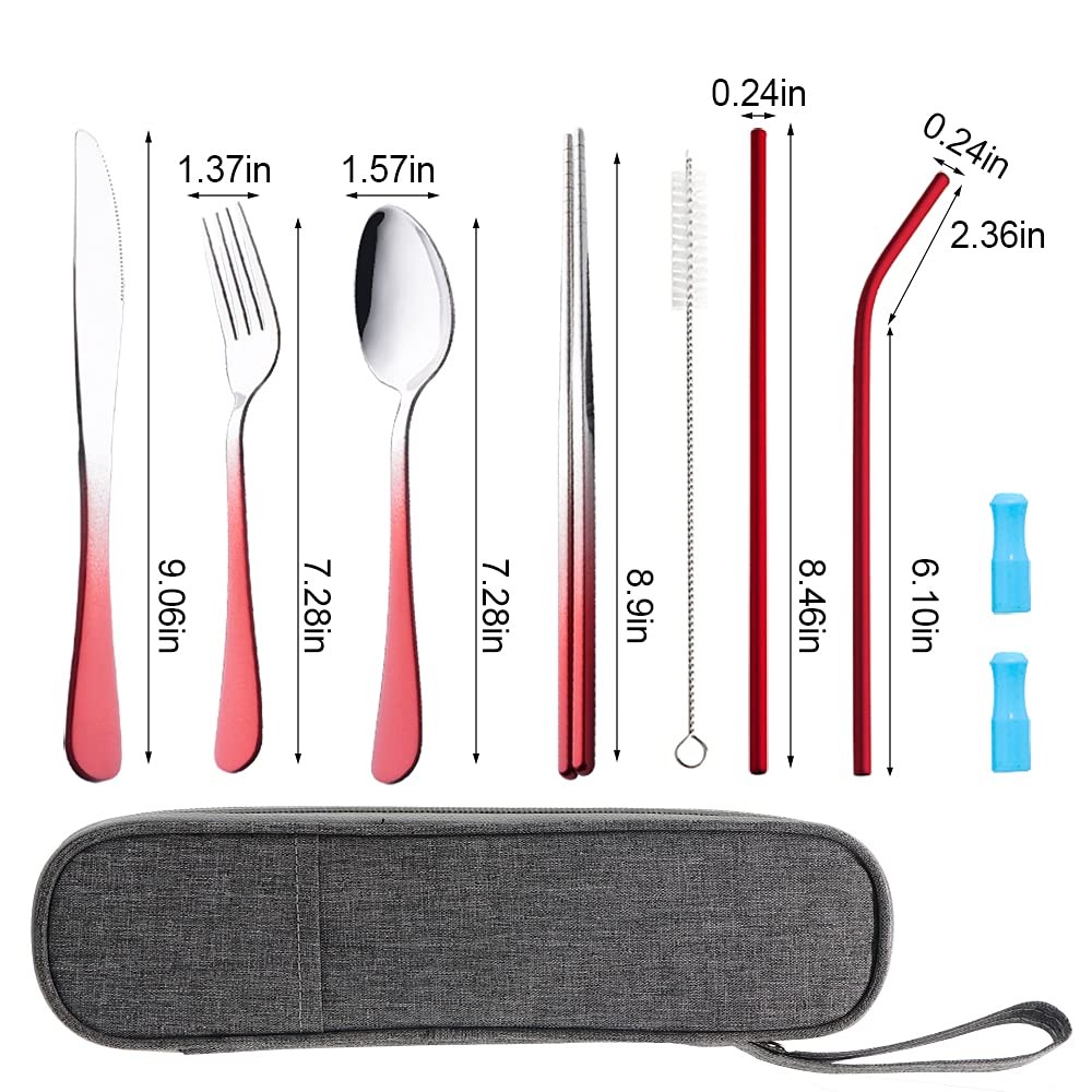 Travel Utensils Set with Case 8pcs Reusable Portable Cutlery Gradient Red