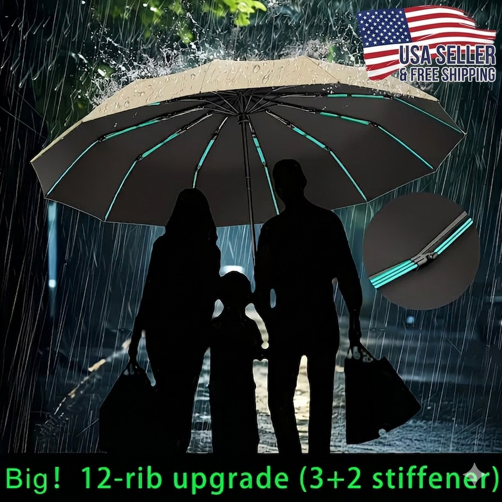 Windproof 12 Rib Umbrella Automatic Open Close Compact Folding Rain Sun UV Prote