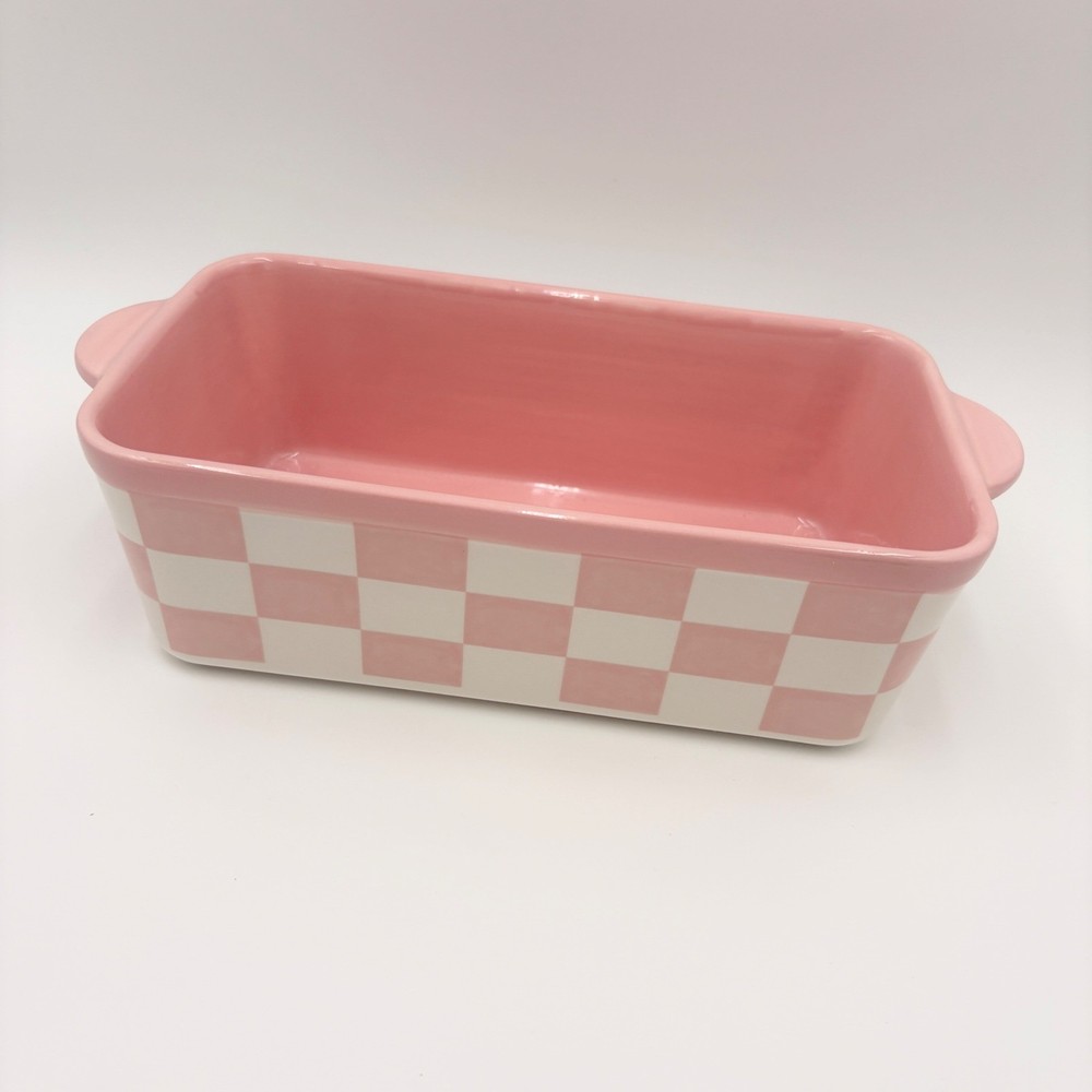 Pink and White Checkered Ceramic Loaf Pan Rectangular Baking Dish with Handles