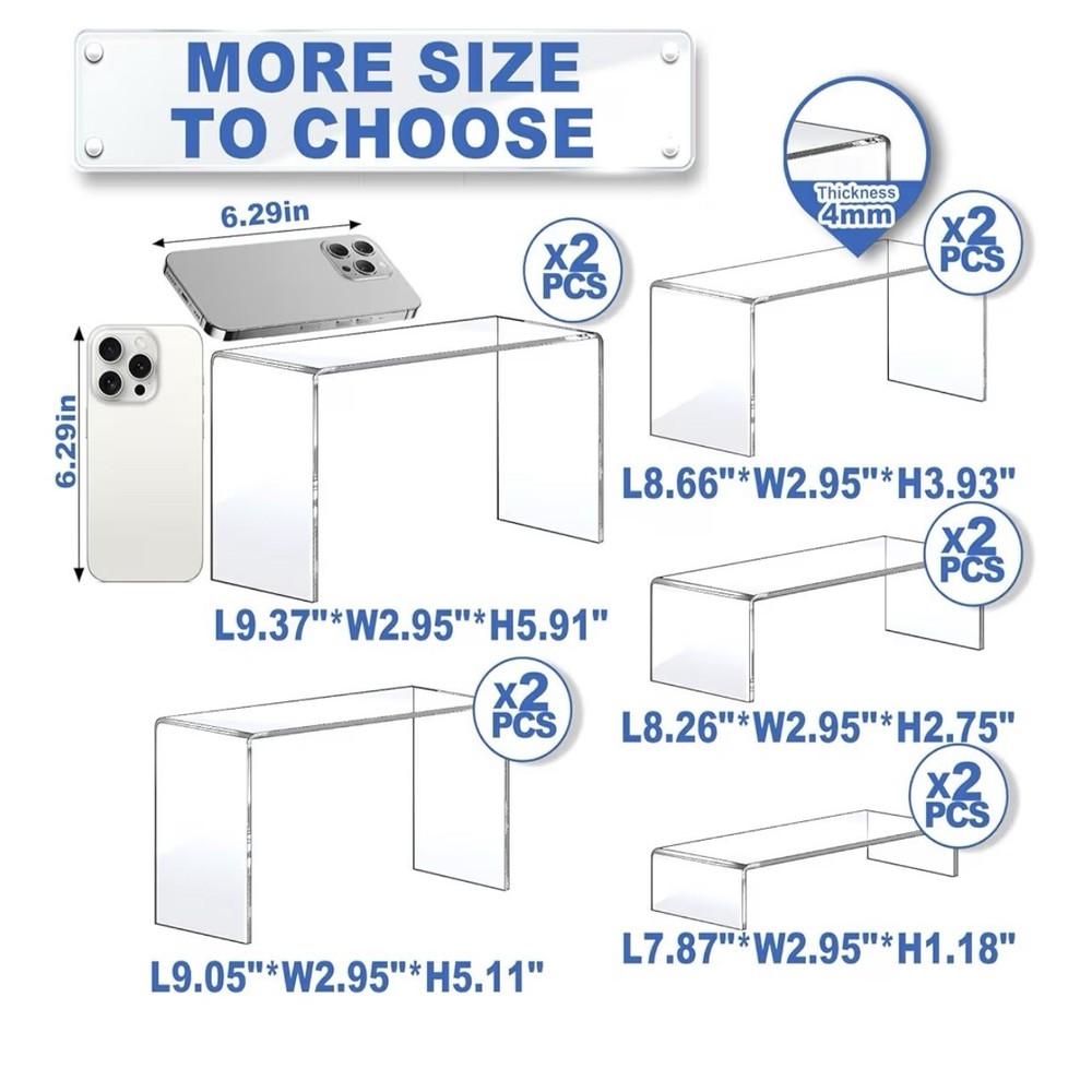 Large Acrylic Risers, 10 Pcs 2 Set(7”L~8”L~9”L) Riser Display Shelf