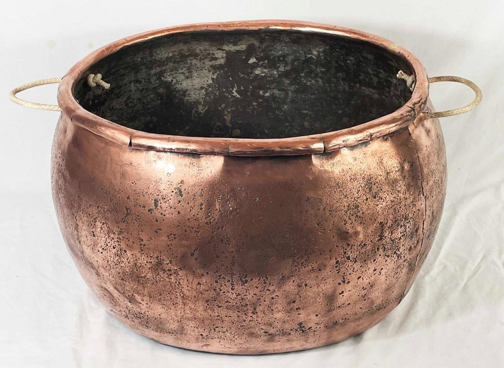 BIG GEORGIAN ANTIQUE SOLID COPPER LOG BIN - CAULDRON - PLANTER