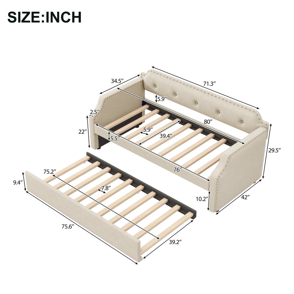 Reinforced Frame Twin Size Upholstered Daybed with Functional Trundle