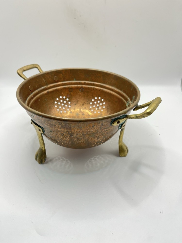 Vintage 3 Legged Small Copper Strainer/Colander Brass Clawed Feet,  Brass Handle