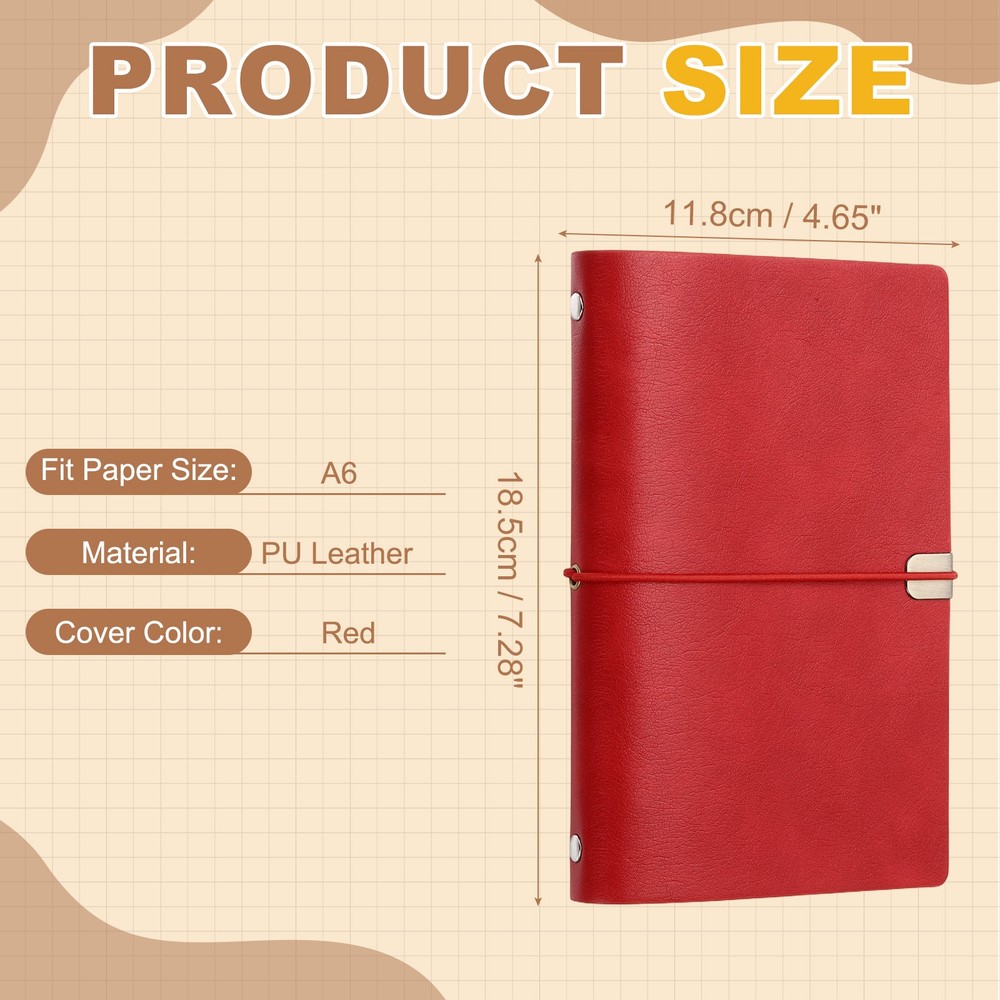 A6 Leather Binder Journal Cover, 6 Ring Elastic Closure, Red