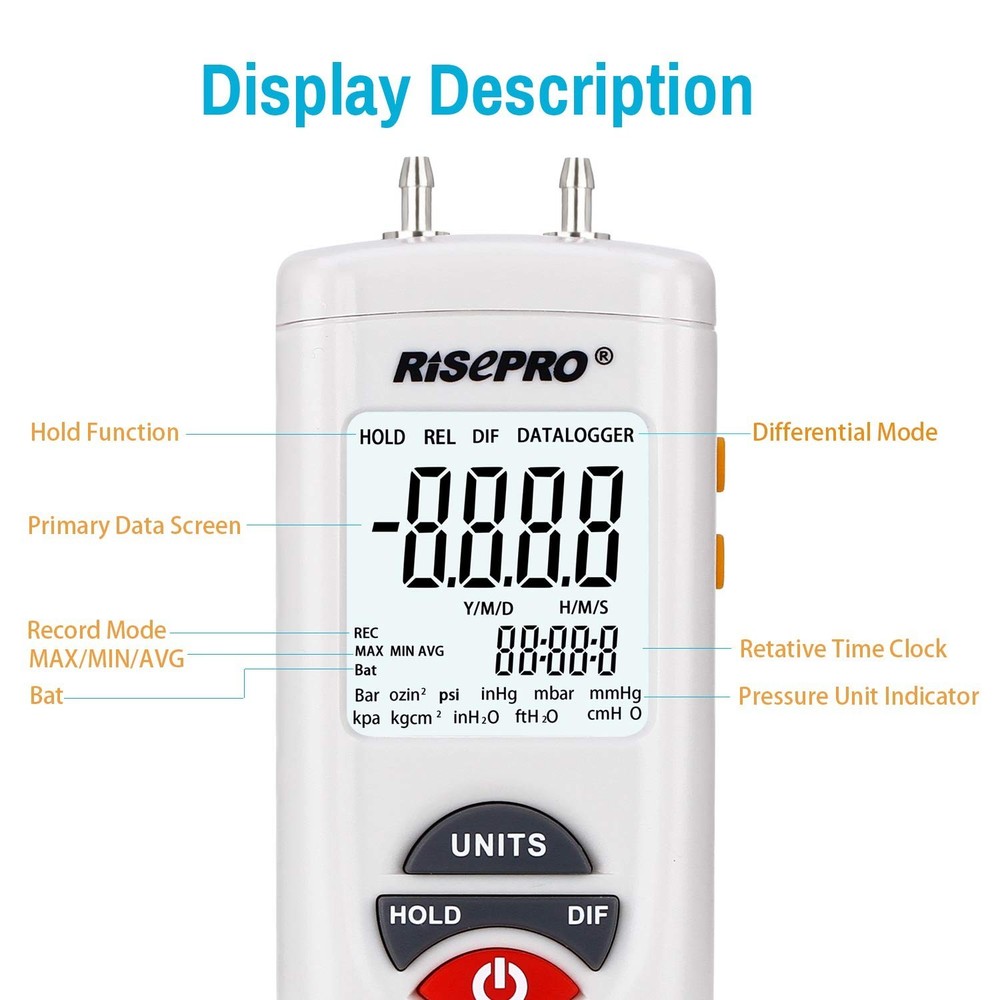 Manometer, RISEPRO Digital Air Pressure Meter and Differential Pressure Gauge