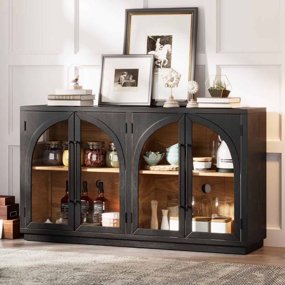 TREXM 4-Door Arched Sideboard Cabinet w/Glass Doors Adjustable Shelves Kitchen
