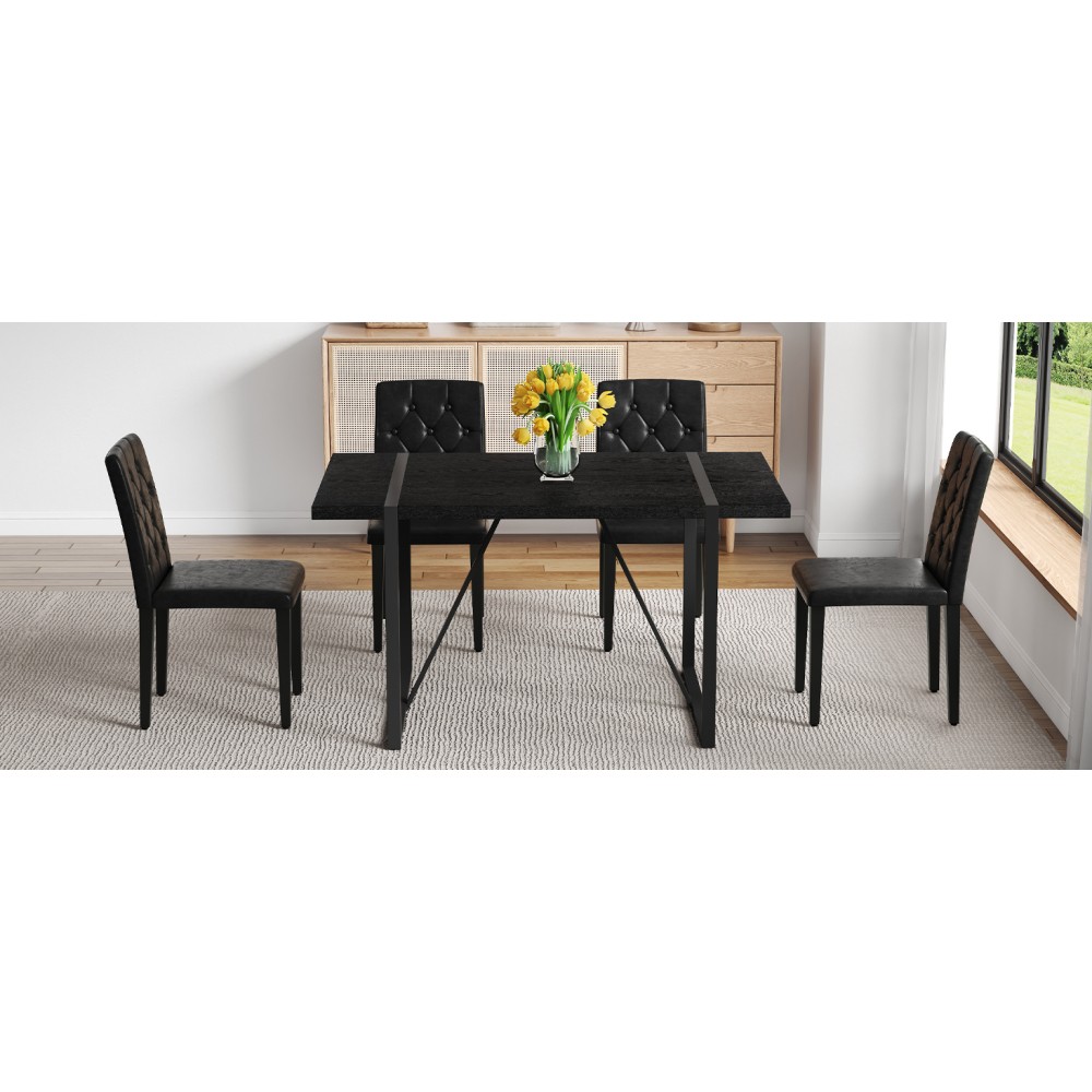 Black MDF Dining Table Set w/4 PU Chairs, Retro Modern Style