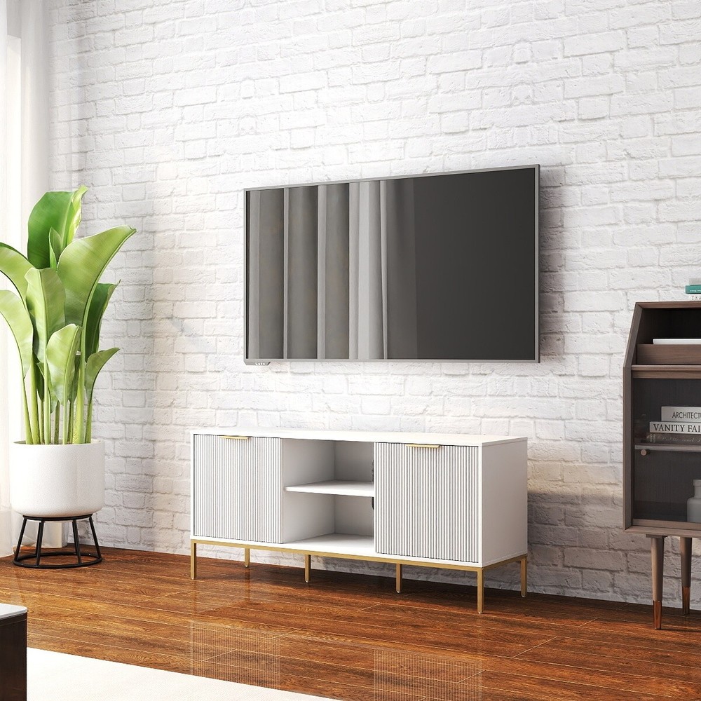 Modern TV Stand with Wave-Design Doors, Open Shelf & Adjustable Shelf White