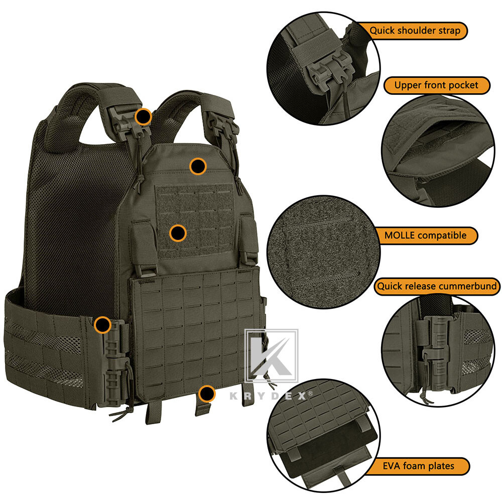 KRYDEX Tactical Plate Carrier Quick Release & Laser Cut MOLLE Panel Ranger Green