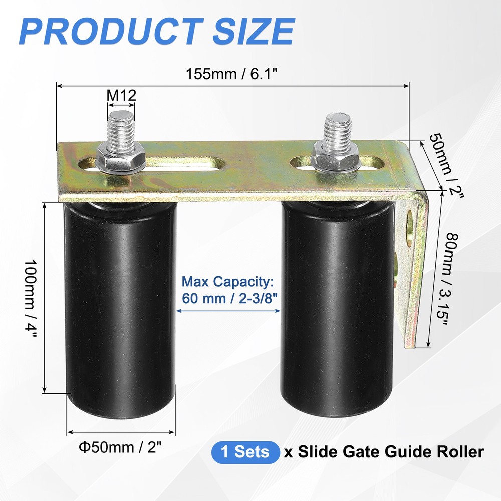 1Set Slide Gate Guide Roller, 4" Nylon Gate Support Rollers with Bracket, Black