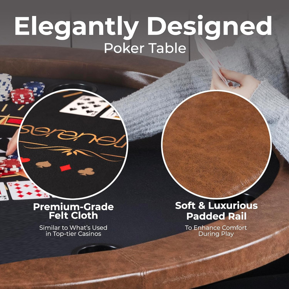 8-Player Foldable Poker Table with Cushioned Rail & Cup Holders, Brown Felt