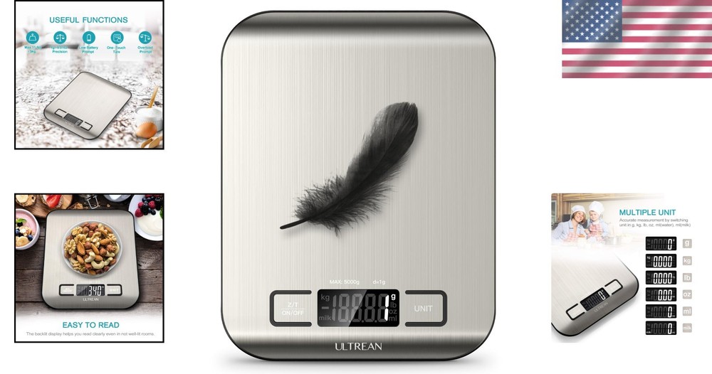 Digital Kitchen Scale 11lb Capacity - Stainless Steel with LCD & Tare Function