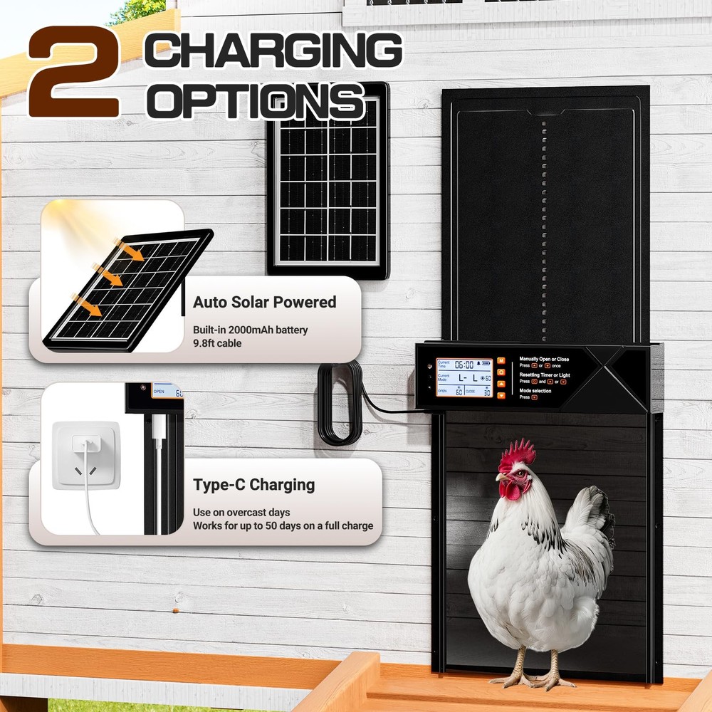 Automatic Solar Powered XL Chicken Coop Door - 4 Modes, Timer, Light Sensor, Rem