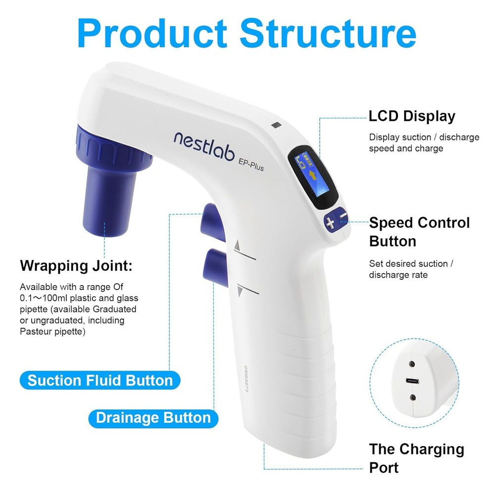 0.1-100ml Electric Pipette Controller Digital LCD Adjustable Pump Lab Equipment
