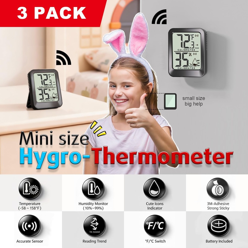 3 Pack Room Thermometer Indoor Mini Temperature Humidity Meter 3 - Black