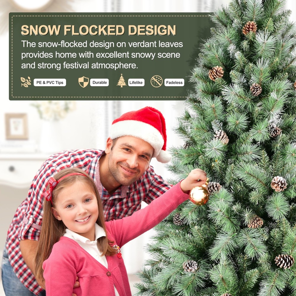 7ft Snow Tips Artificial Christmas Tree Pre-Decorated Xmas Tree with Pine Cones