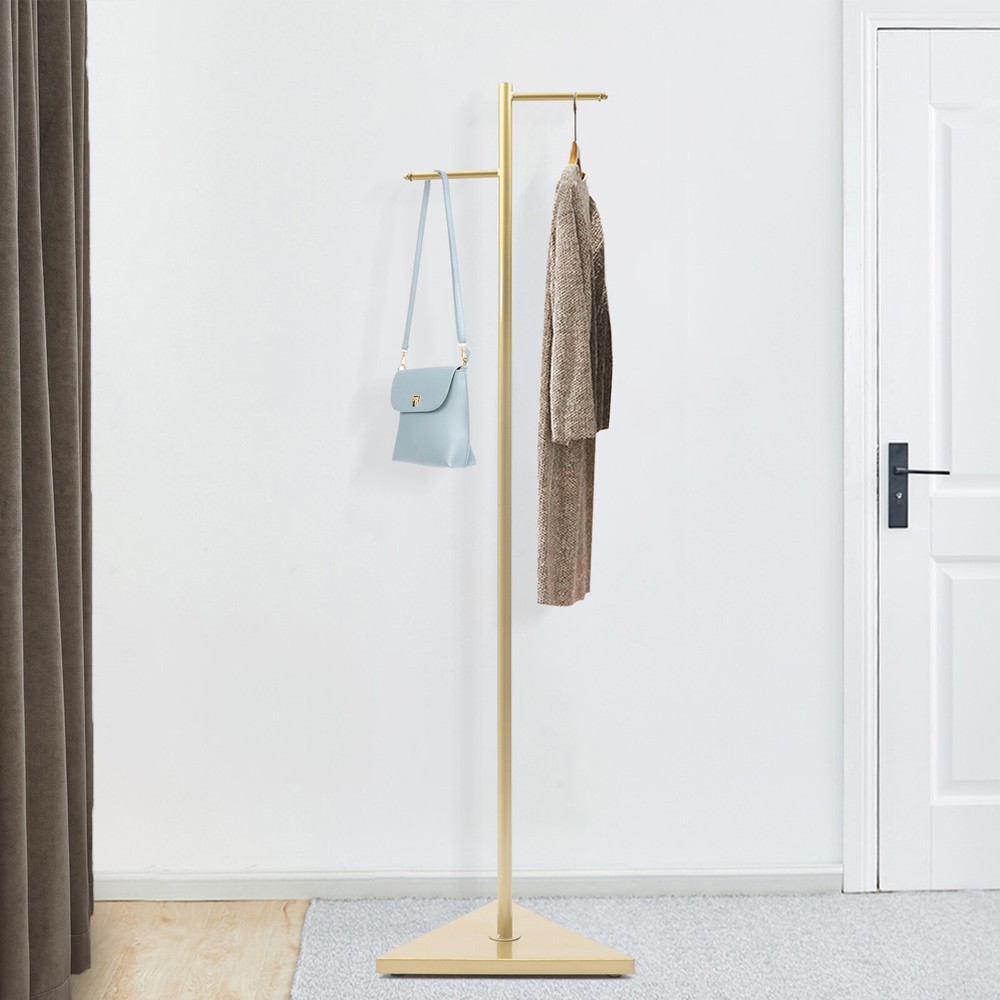 Industrial Tree Simple Design Gold Coat Rack w/ 2 Hooks&Triangular base f/ Hall