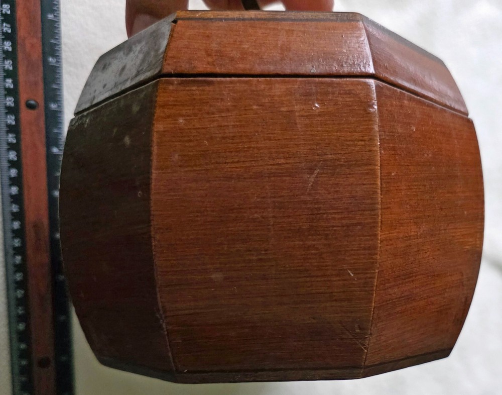 Vintage Octagonal Wood Purse or Small Sewing Box with Bakelite Handle