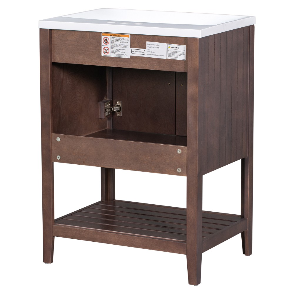 Bathroom vanity W solid wood frame Features open shelving Includes ceramic sink