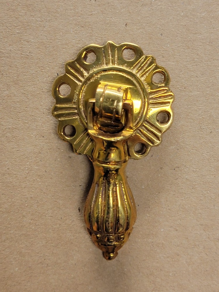 NOS Polished Brass 1-3/8"  Tear Drop Pendant Pull Single Hole Mounted Victorian