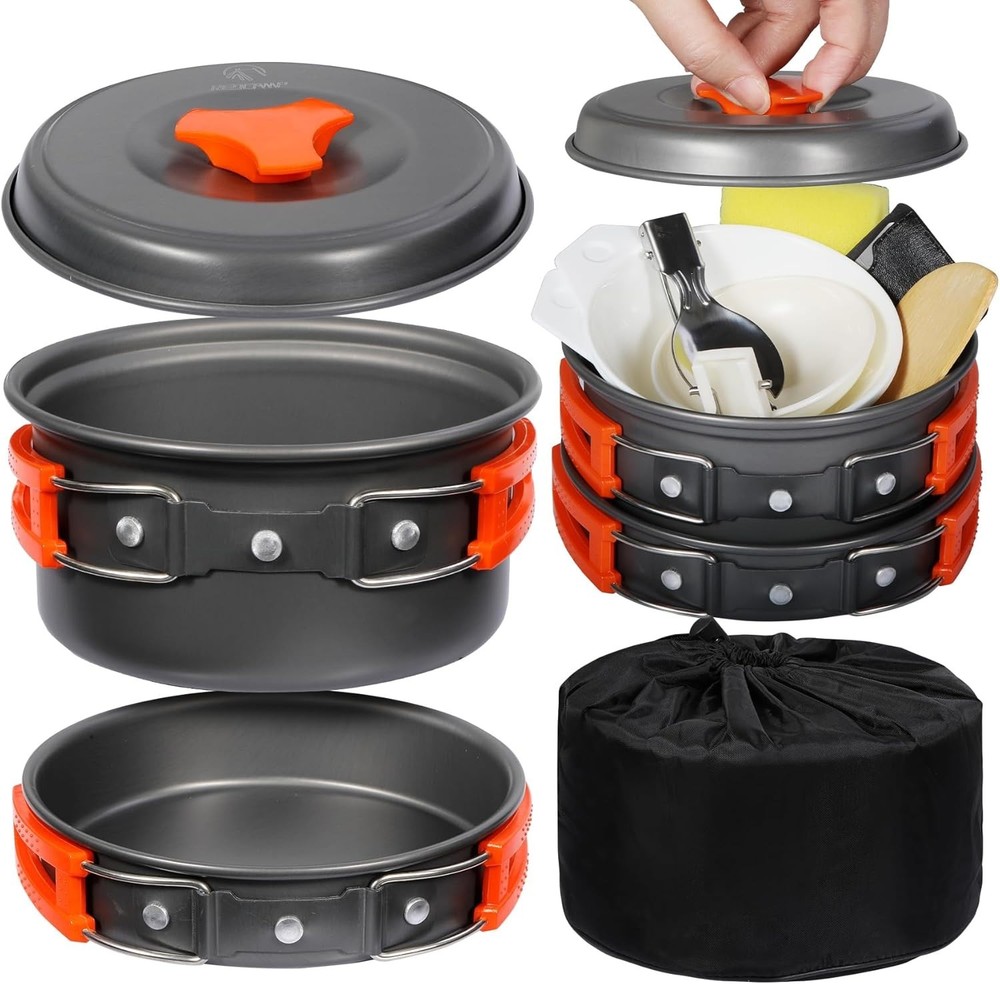 10-Piece Lightweight Camping Cookware Set for 1-2 People - Stackable & Durable